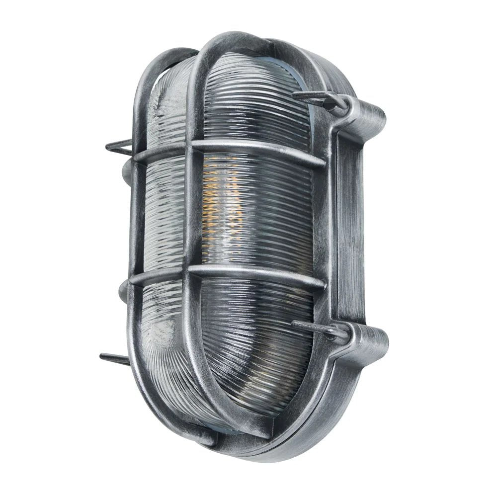 DAVEY | Outdoor Caged Oval Industrial Marine Nautical Wall Porch Bulkhead Light | E27 | IP44 | Silver - LightHub Direct