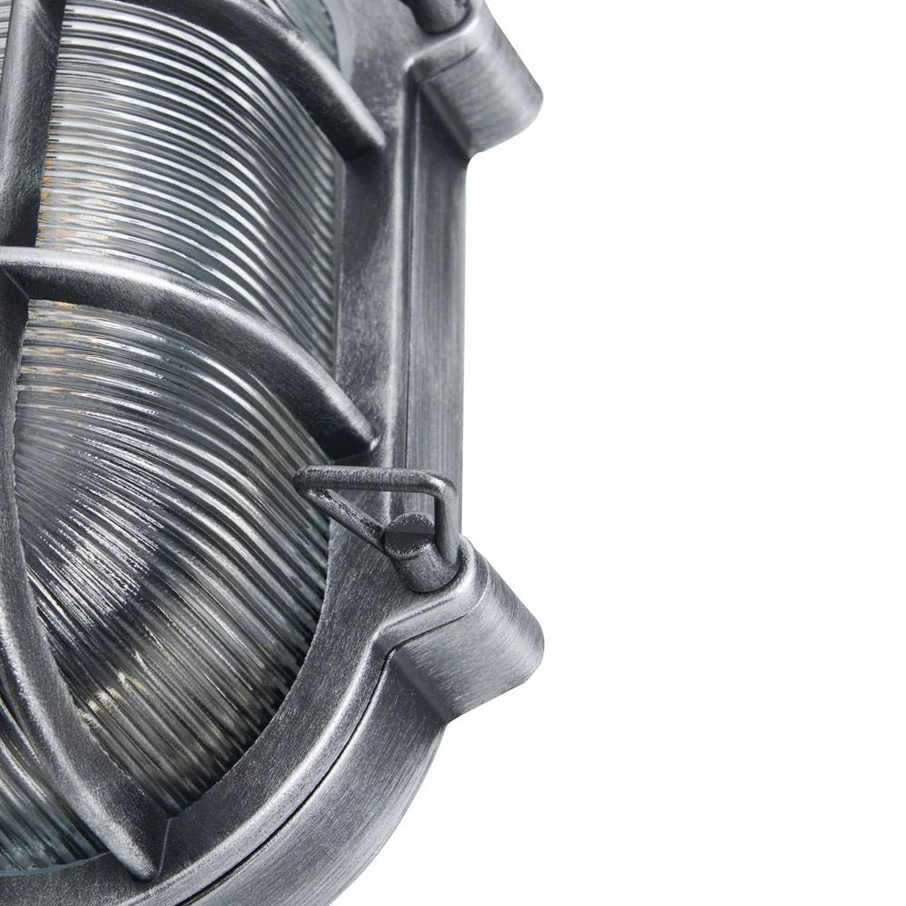 DAVEY | Outdoor Caged Oval Industrial Marine Nautical Wall Porch Bulkhead Light | E27 | IP44 | Silver - LightHub Direct