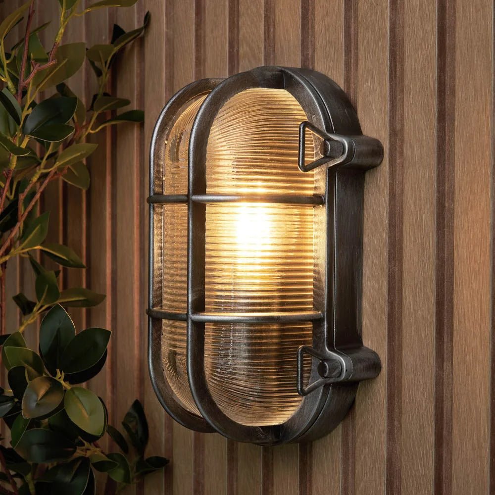 DAVEY | Outdoor Caged Oval Industrial Marine Nautical Wall Porch Bulkhead Light | E27 | IP44 | Silver - LightHub Direct