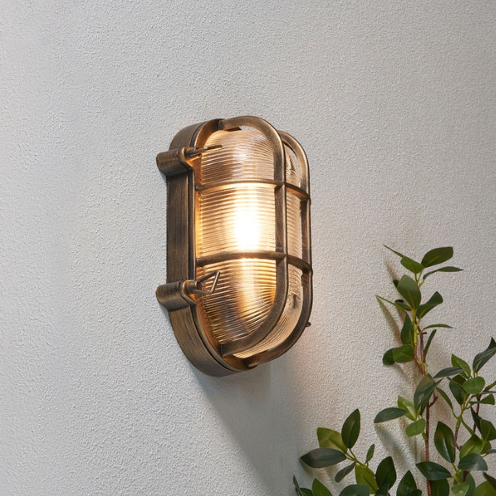 DAVEY | Outdoor Caged Oval Industrial Marine Nautical Wall Porch Bulkhead Light | E27 | IP44 | Gold - LightHub Direct