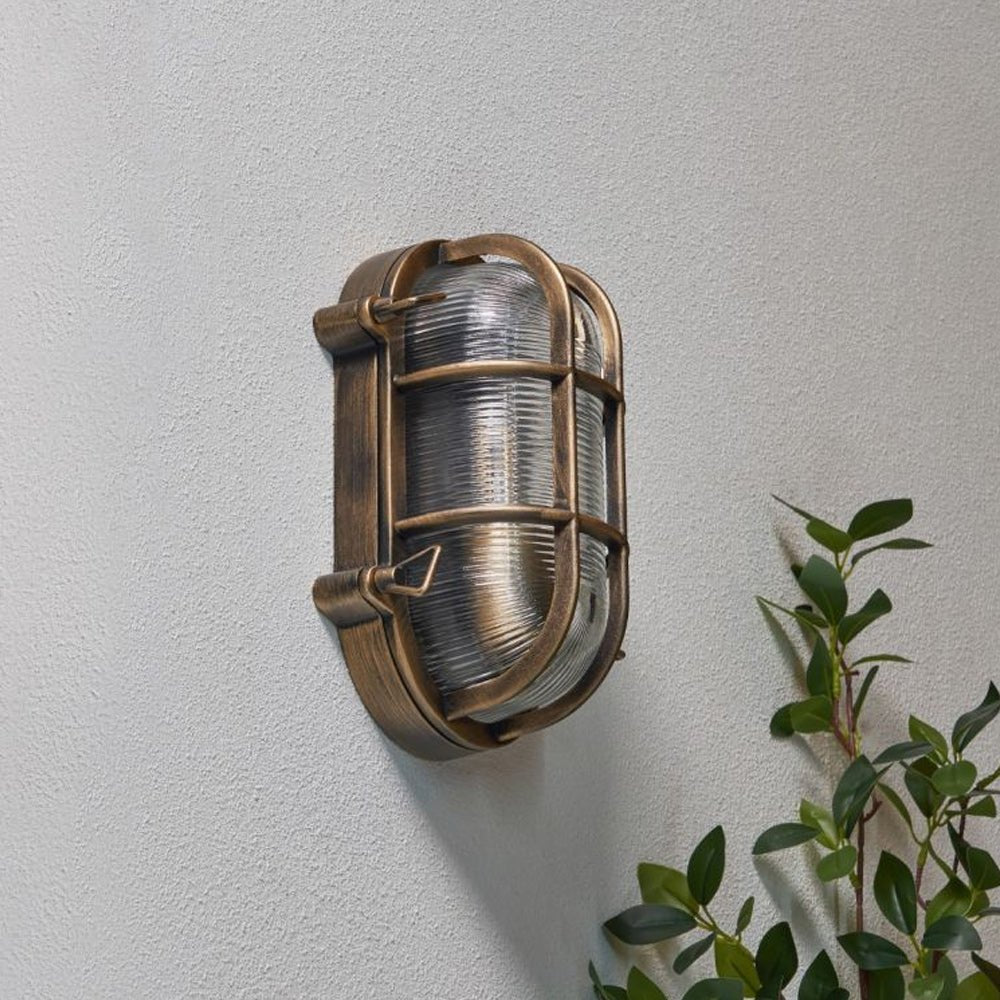 DAVEY | Outdoor Caged Oval Industrial Marine Nautical Wall Porch Bulkhead Light | E27 | IP44 | Gold - LightHub Direct