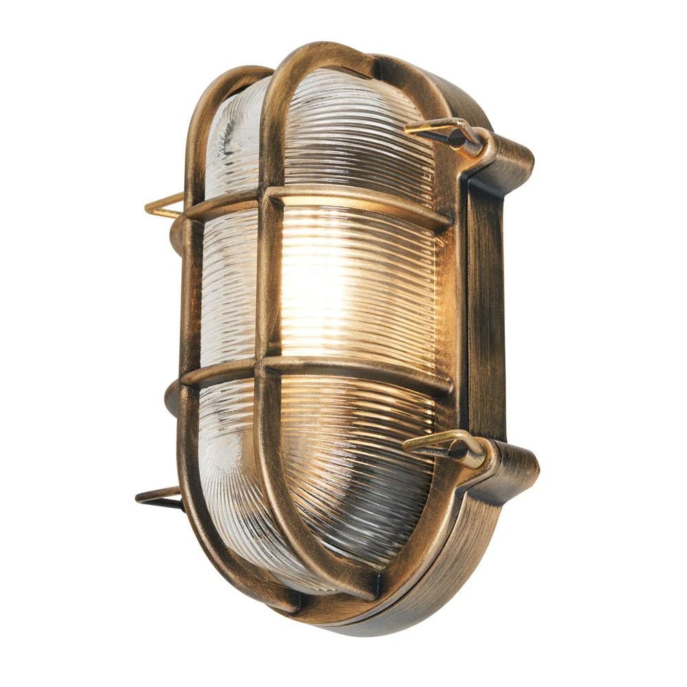 DAVEY | Outdoor Caged Oval Industrial Marine Nautical Wall Porch Bulkhead Light | E27 | IP44 | Gold - LightHub Direct