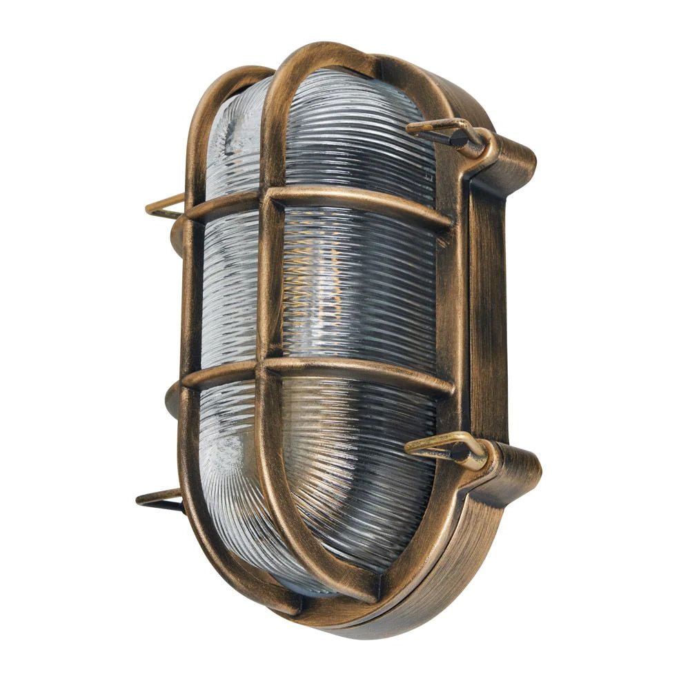 DAVEY | Outdoor Caged Oval Industrial Marine Nautical Wall Porch Bulkhead Light | E27 | IP44 | Gold - LightHub Direct
