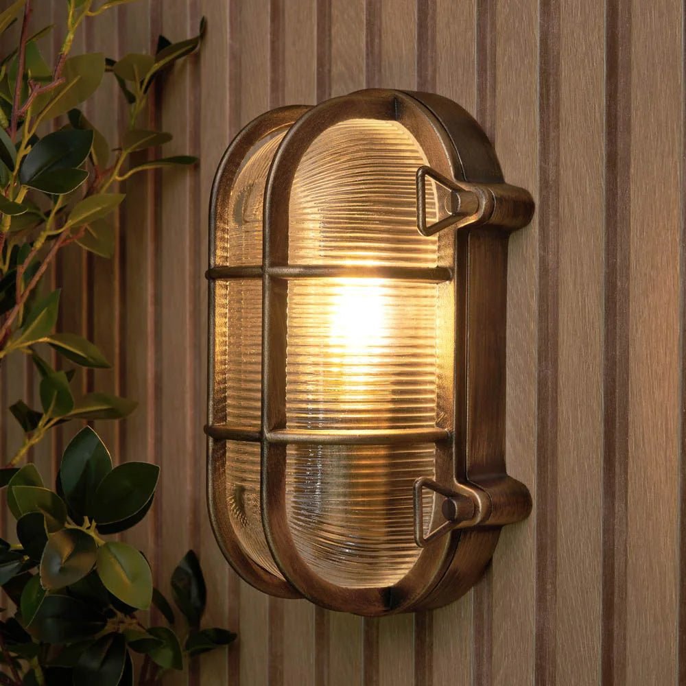 DAVEY | Outdoor Caged Oval Industrial Marine Nautical Wall Porch Bulkhead Light | E27 | IP44 | Gold - LightHub Direct