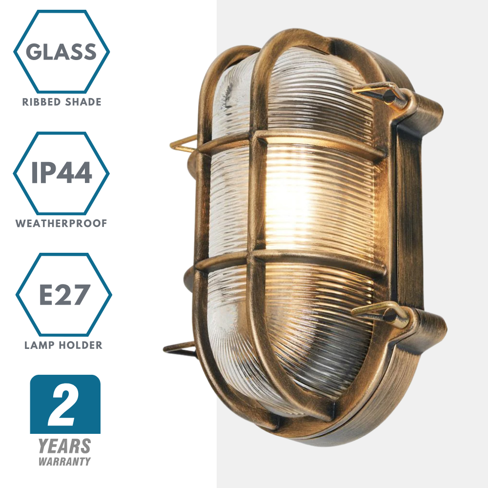 DAVEY | Outdoor Caged Oval Industrial Marine Nautical Wall Porch Bulkhead Light | E27 | IP44 | Gold