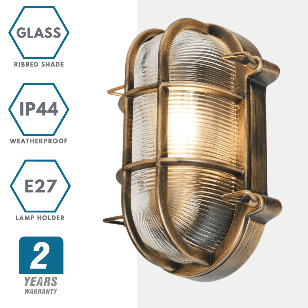 DAVEY | Outdoor Caged Oval Industrial Marine Nautical Wall Porch Bulkhead Light | E27 | IP44 | Gold - LightHub Direct
