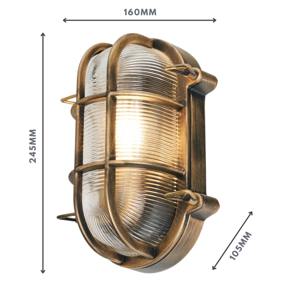 DAVEY | Outdoor Caged Oval Industrial Marine Nautical Wall Porch Bulkhead Light | E27 | IP44 | Gold