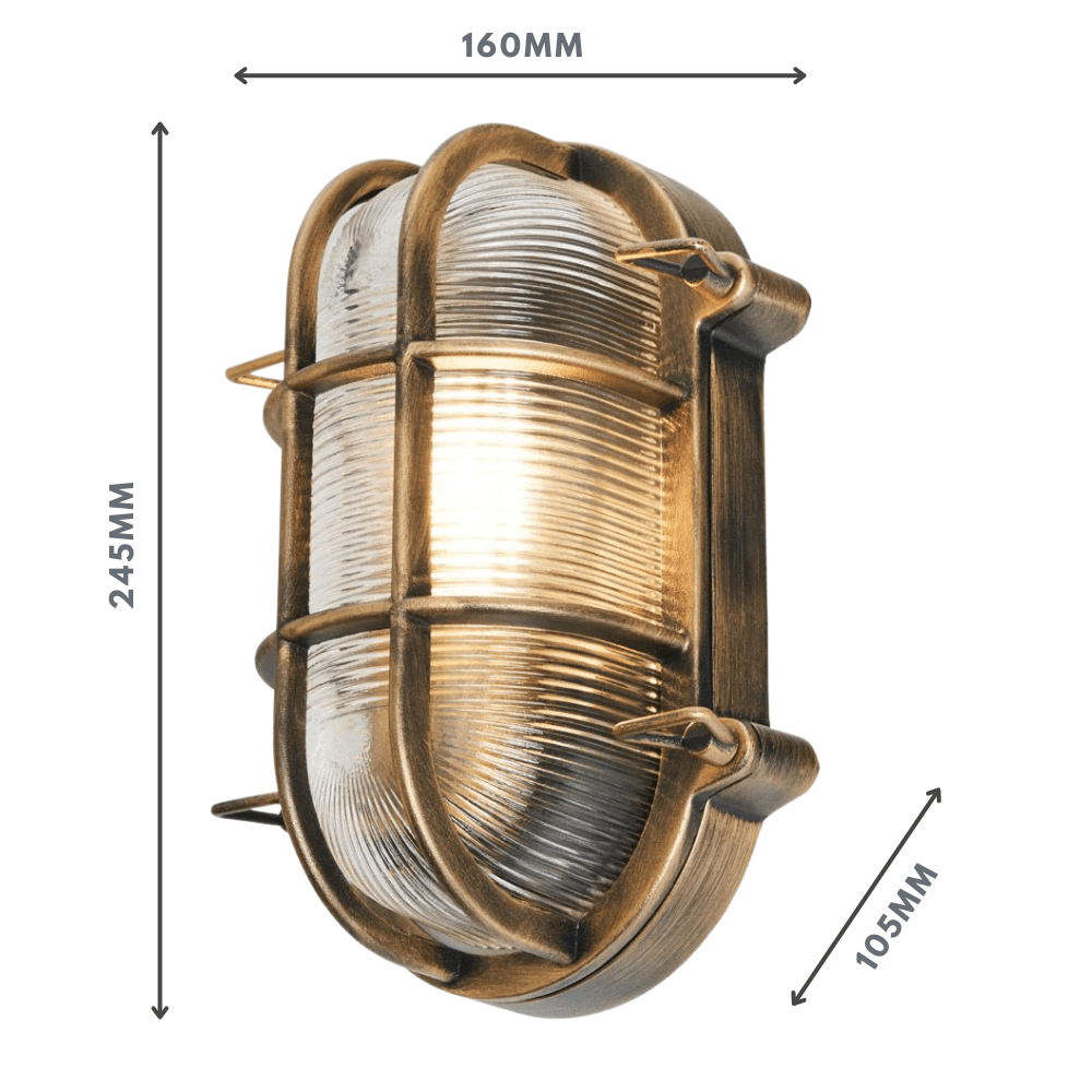 DAVEY | Outdoor Caged Oval Industrial Marine Nautical Wall Porch Bulkhead Light | E27 | IP44 | Gold - LightHub Direct