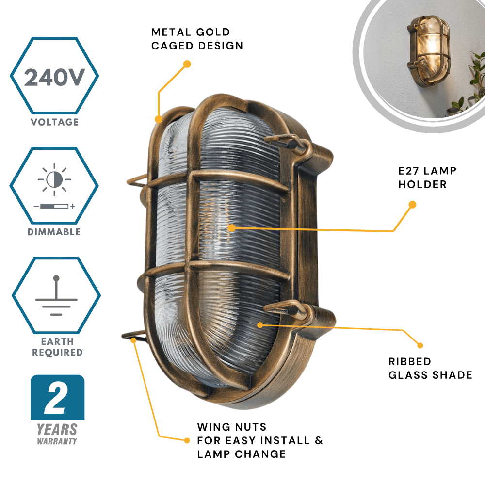 DAVEY | Outdoor Caged Oval Industrial Marine Nautical Wall Porch Bulkhead Light | E27 | IP44 | Gold - LightHub Direct