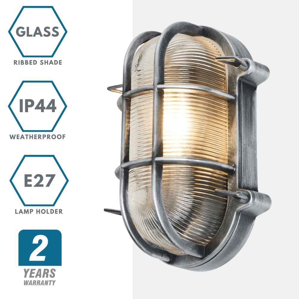 DAVEY | Outdoor Caged Oval Industrial Marine Nautical Wall Porch Bulkhead Light | E27 | IP44 | Silver - LightHub Direct