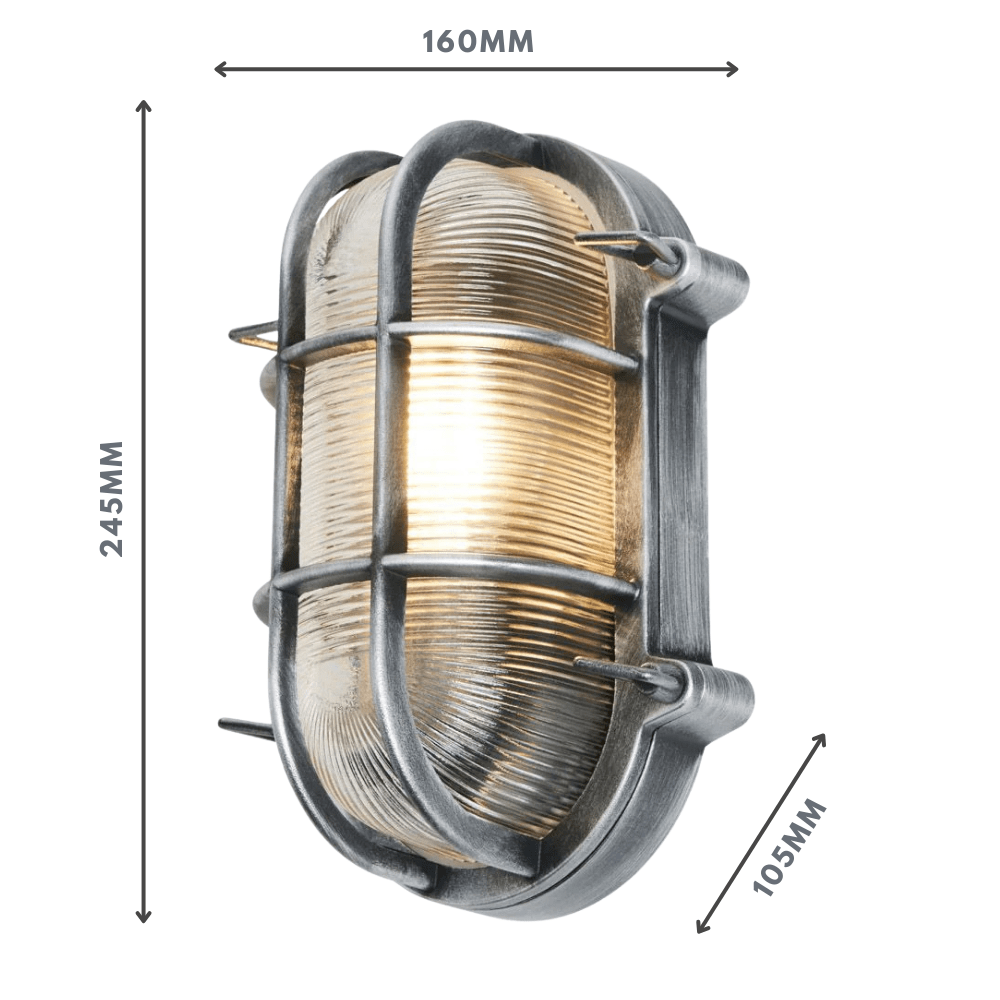DAVEY | Outdoor Caged Oval Industrial Marine Nautical Wall Porch Bulkhead Light | E27 | IP44 | Silver - LightHub Direct