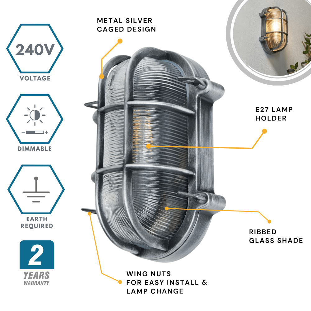 DAVEY | Outdoor Caged Oval Industrial Marine Nautical Wall Porch Bulkhead Light | E27 | IP44 | Silver - LightHub Direct
