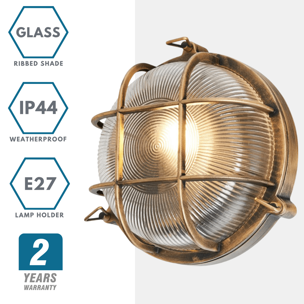 DAVEY | Outdoor Caged Round Industrial Marine Nautical Wall Porch Bulkhead Light | E27 | IP44 | Gold - LightHub Direct