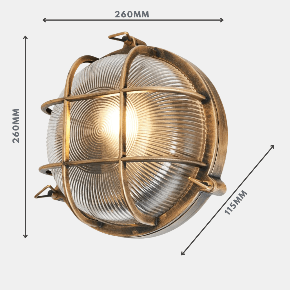 DAVEY | Outdoor Caged Round Industrial Marine Nautical Wall Porch Bulkhead Light | E27 | IP44 | Gold - LightHub Direct