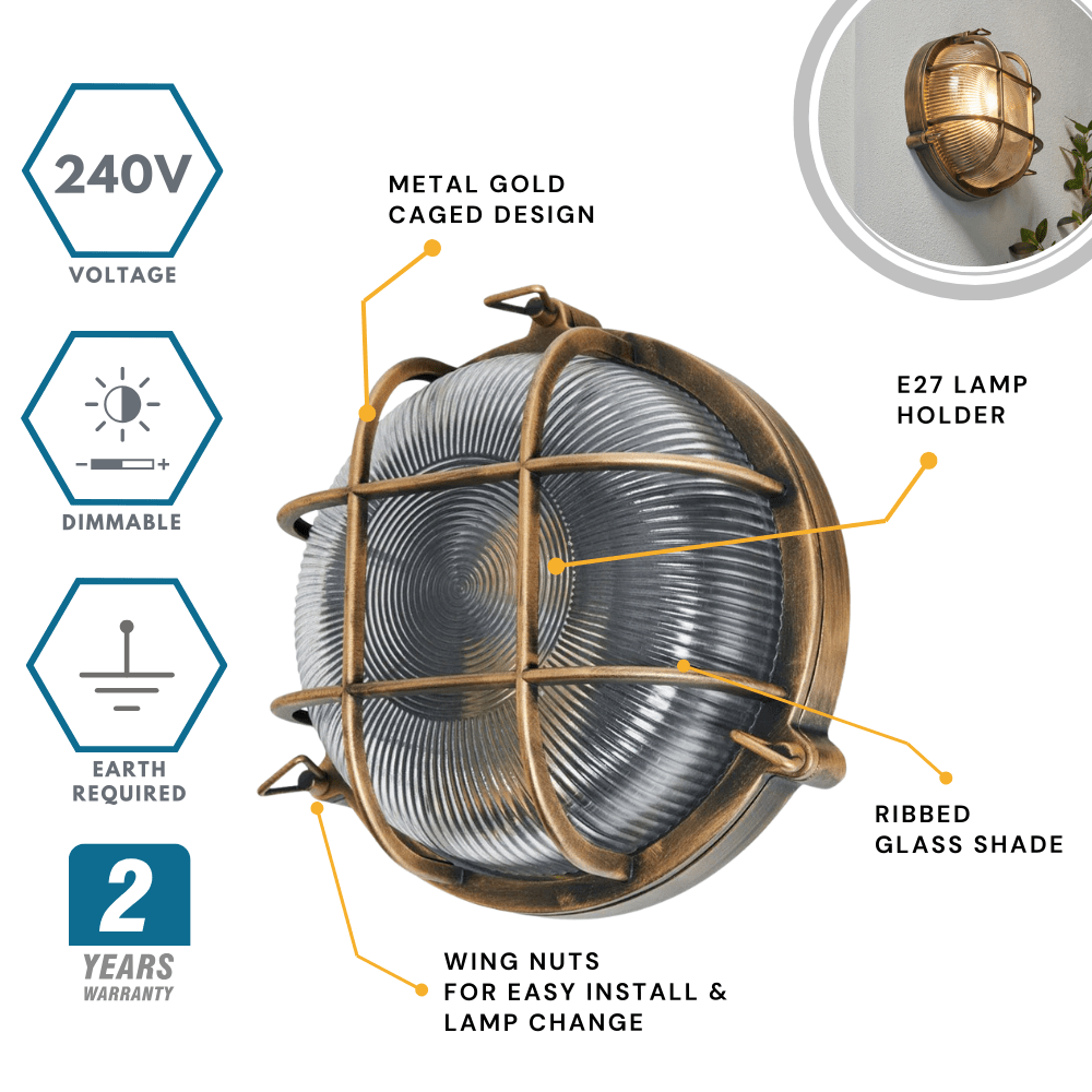 DAVEY | Outdoor Caged Round Industrial Marine Nautical Wall Porch Bulkhead Light | E27 | IP44 | Gold - LightHub Direct