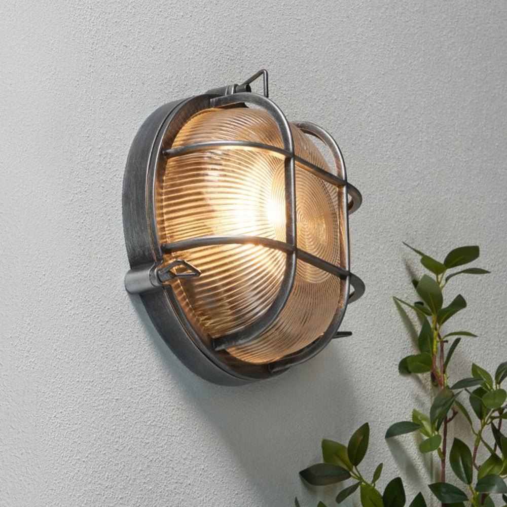 DAVEY | Outdoor Caged Round Industrial Marine Nautical Wall Porch Bulkhead Light | E27 | IP44 | Silver - LightHub Direct