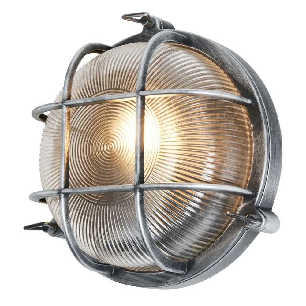 DAVEY | Outdoor Caged Round Industrial Marine Nautical Wall Porch Bulkhead Light | E27 | IP44 | Silver - LightHub Direct