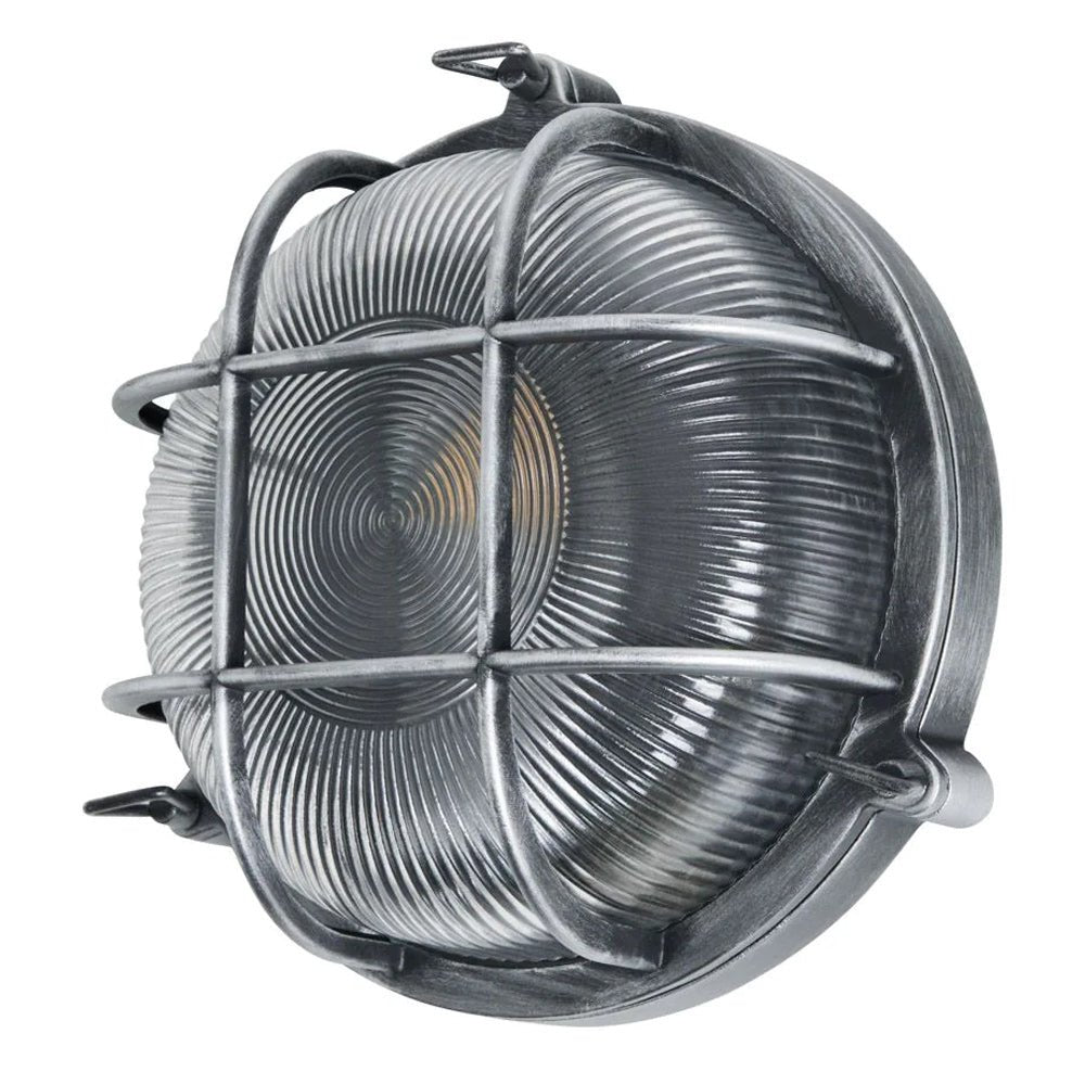 DAVEY | Outdoor Caged Round Industrial Marine Nautical Wall Porch Bulkhead Light | E27 | IP44 | Silver - LightHub Direct