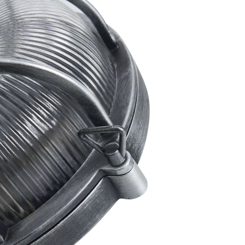 DAVEY | Outdoor Caged Round Industrial Marine Nautical Wall Porch Bulkhead Light | E27 | IP44 | Silver - LightHub Direct