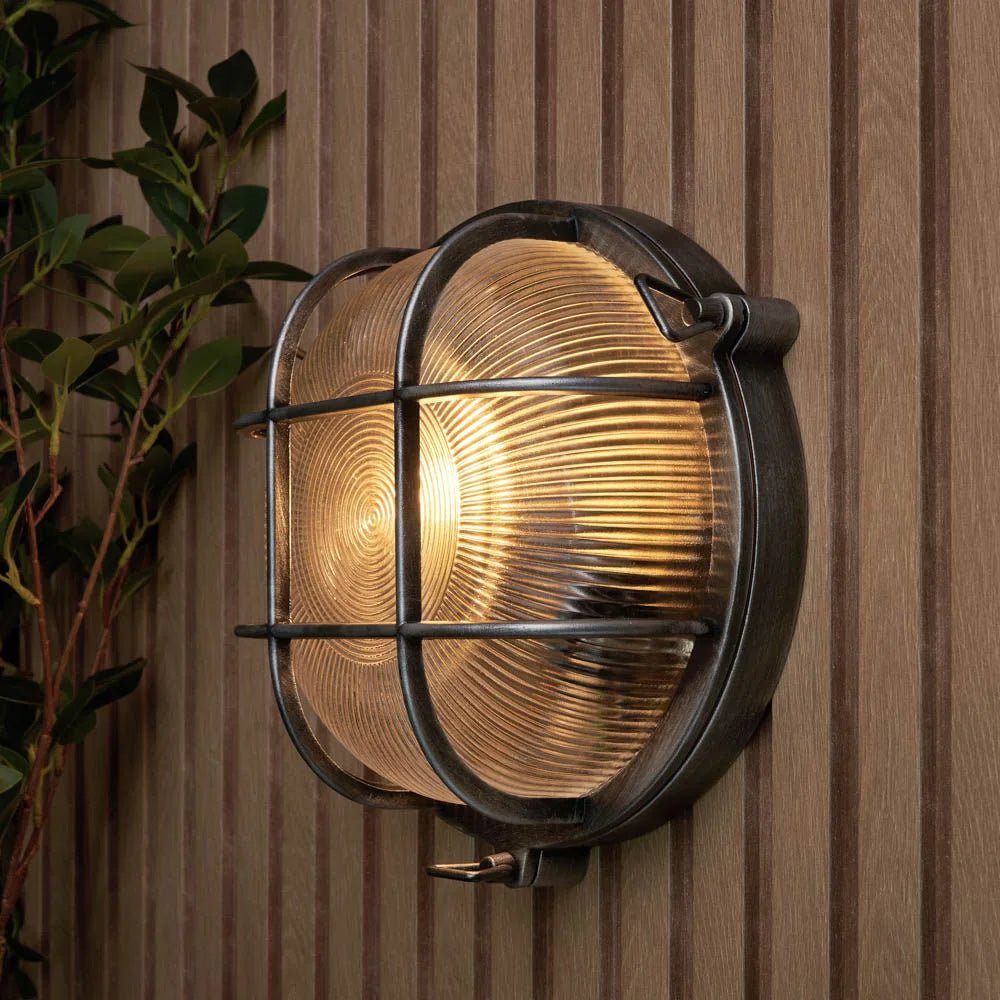 DAVEY | Outdoor Caged Round Industrial Marine Nautical Wall Porch Bulkhead Light | E27 | IP44 | Silver - LightHub Direct