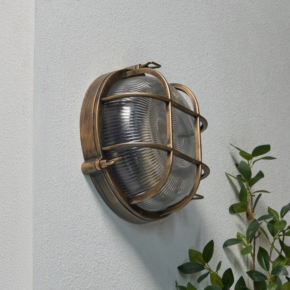 DAVEY | Outdoor Caged Round Industrial Marine Nautical Wall Porch Bulkhead Light | E27 | IP44 | Gold - LightHub Direct