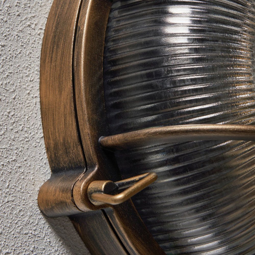 DAVEY | Outdoor Caged Round Industrial Marine Nautical Wall Porch Bulkhead Light | E27 | IP44 | Gold - LightHub Direct
