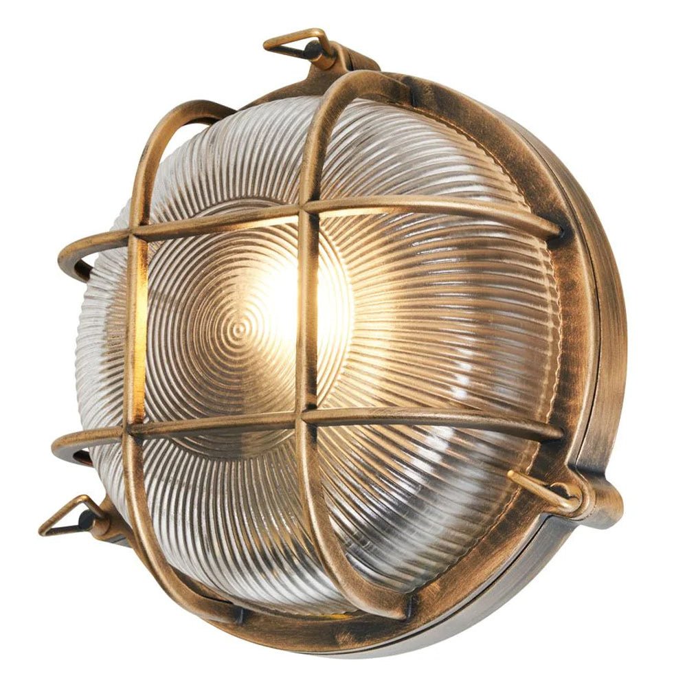 DAVEY | Outdoor Caged Round Industrial Marine Nautical Wall Porch Bulkhead Light | E27 | IP44 | Gold - LightHub Direct