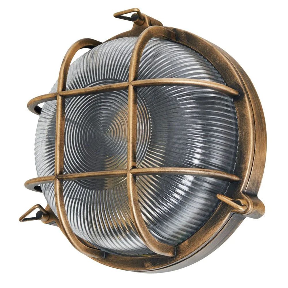 DAVEY | Outdoor Caged Round Industrial Marine Nautical Wall Porch Bulkhead Light | E27 | IP44 | Gold - LightHub Direct