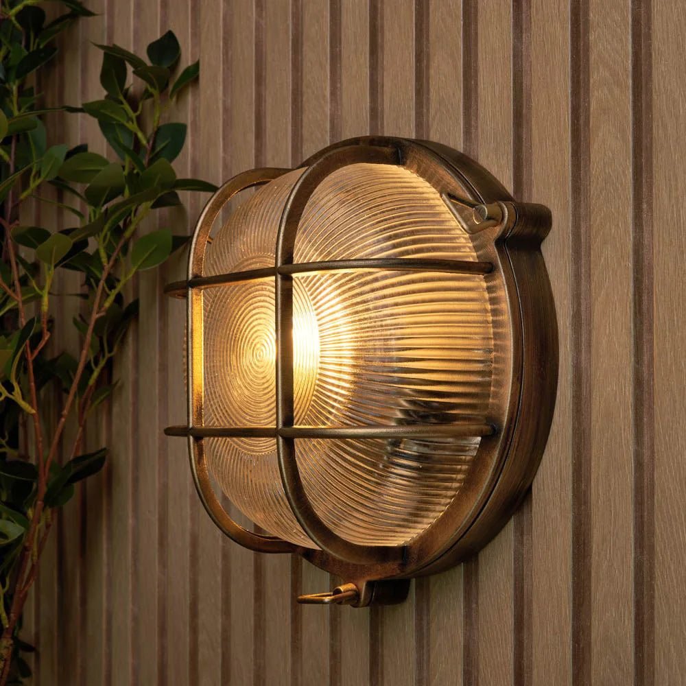 DAVEY | Outdoor Caged Round Industrial Marine Nautical Wall Porch Bulkhead Light | E27 | IP44 | Gold - LightHub Direct