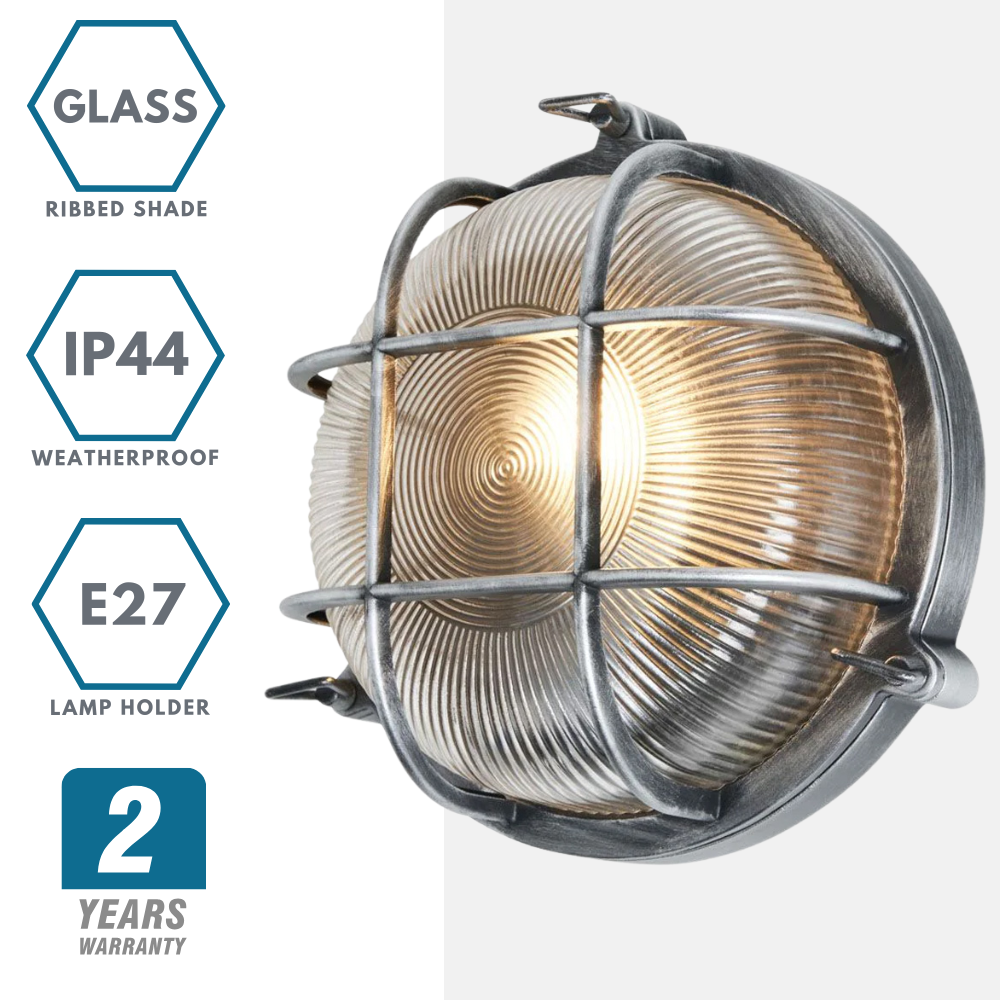 DAVEY | Outdoor Caged Round Industrial Marine Nautical Wall Porch Bulkhead Light | E27 | IP44 | Silver