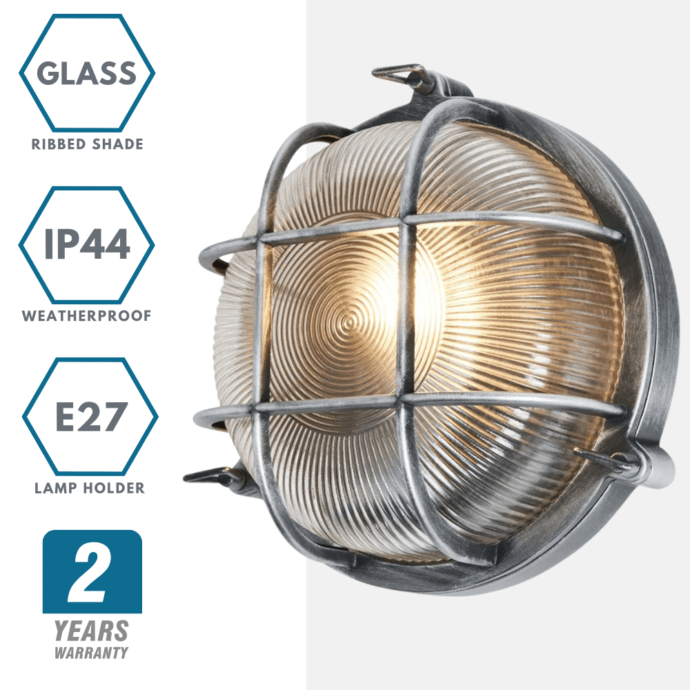 DAVEY | Outdoor Caged Round Industrial Marine Nautical Wall Porch Bulkhead Light | E27 | IP44 | Silver - LightHub Direct