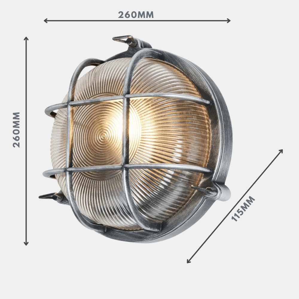 DAVEY | Outdoor Caged Round Industrial Marine Nautical Wall Porch Bulkhead Light | E27 | IP44 | Silver - LightHub Direct