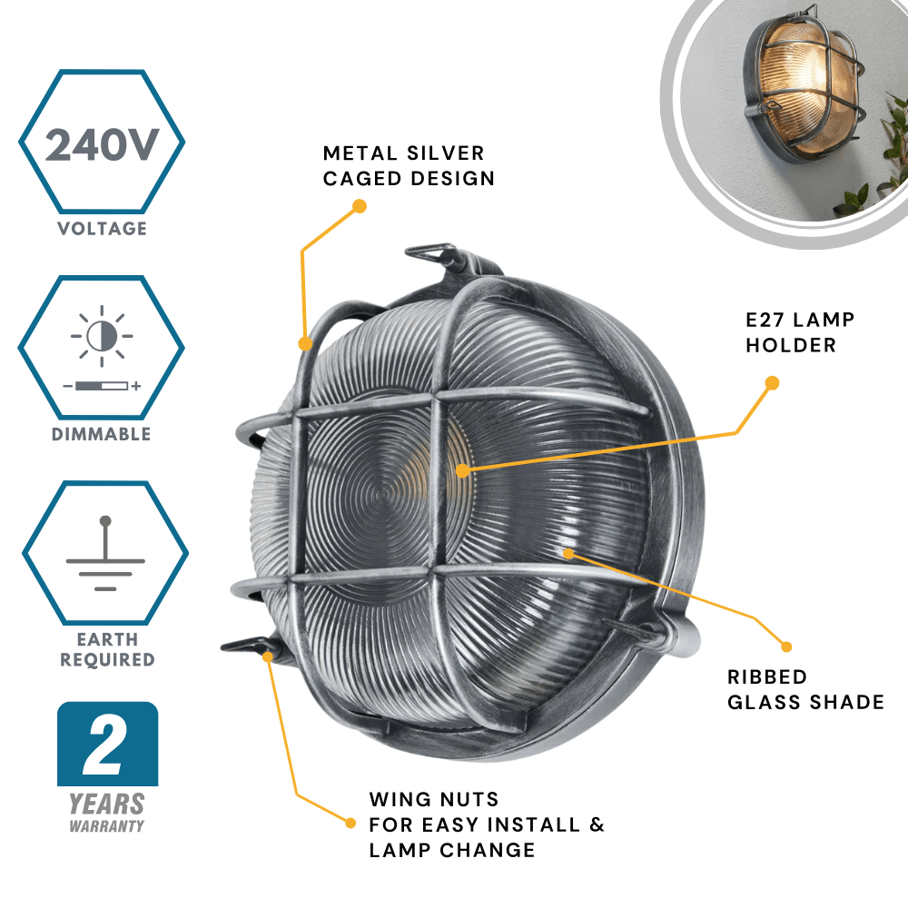 DAVEY | Outdoor Caged Round Industrial Marine Nautical Wall Porch Bulkhead Light | E27 | IP44 | Silver - LightHub Direct