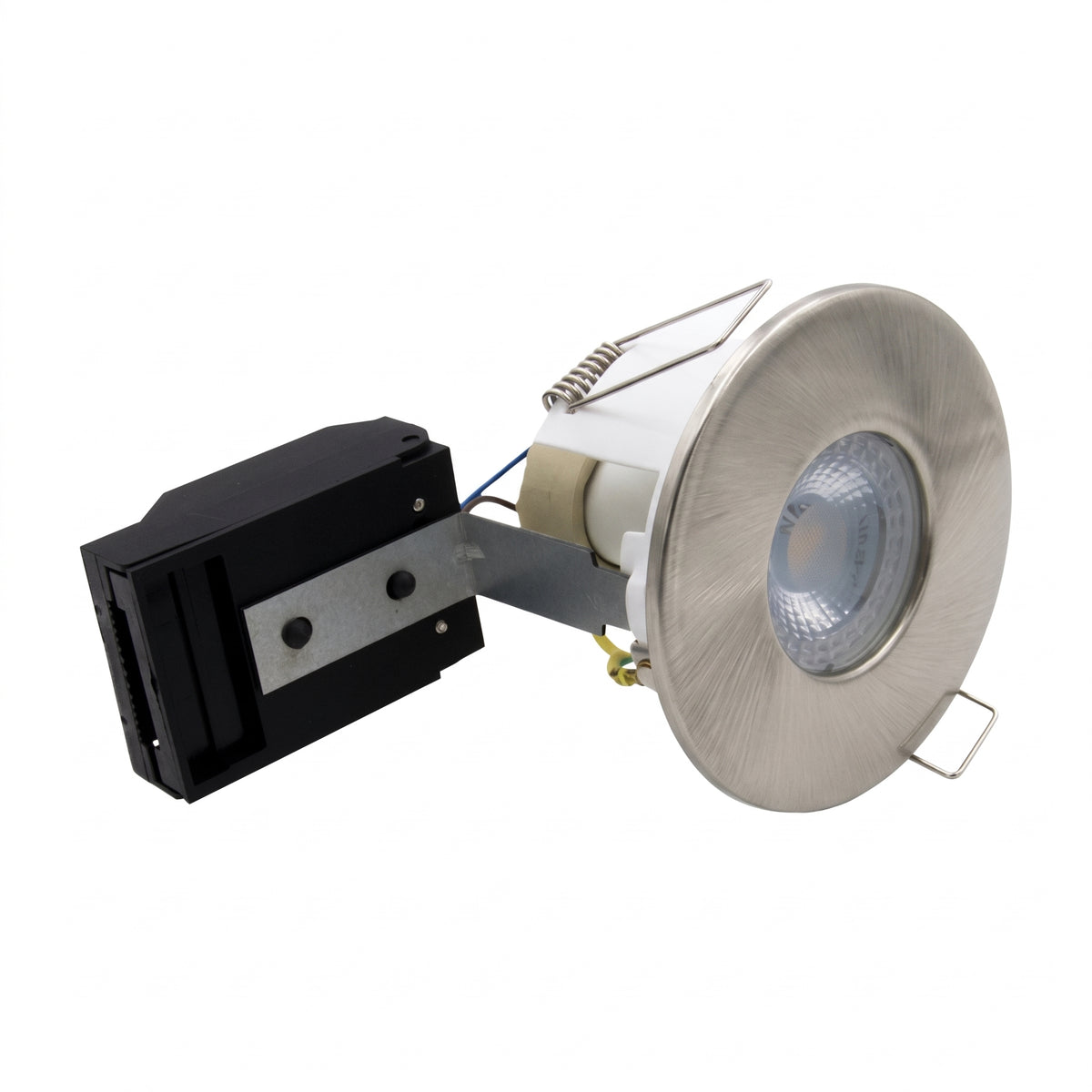 Brushed Nickel Shower Fire Rated GU10 Open Back Downlight | Pressed Steel | IP65 | 30-90 Min Rated