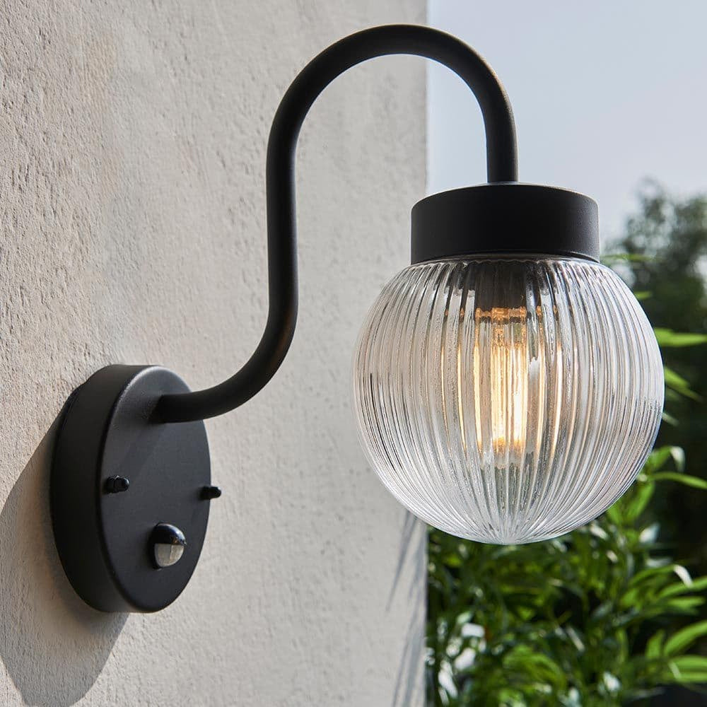 ELDON | Outdoor Globe Ribbed Vintage Lantern Porch Wall Light | E27 | IP44 | Matt Black