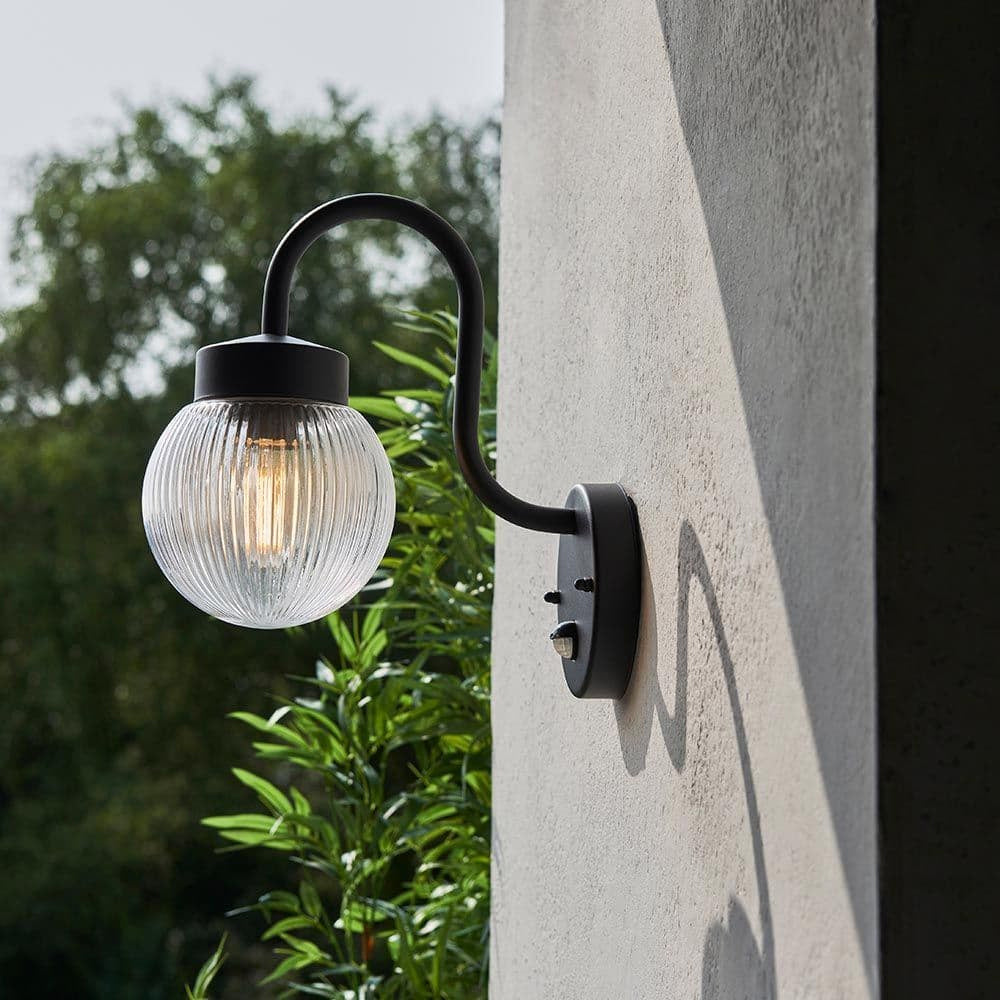 ELDON | Outdoor Globe Ribbed Vintage Lantern Porch Wall Light | E27 | IP44 | Matt Black