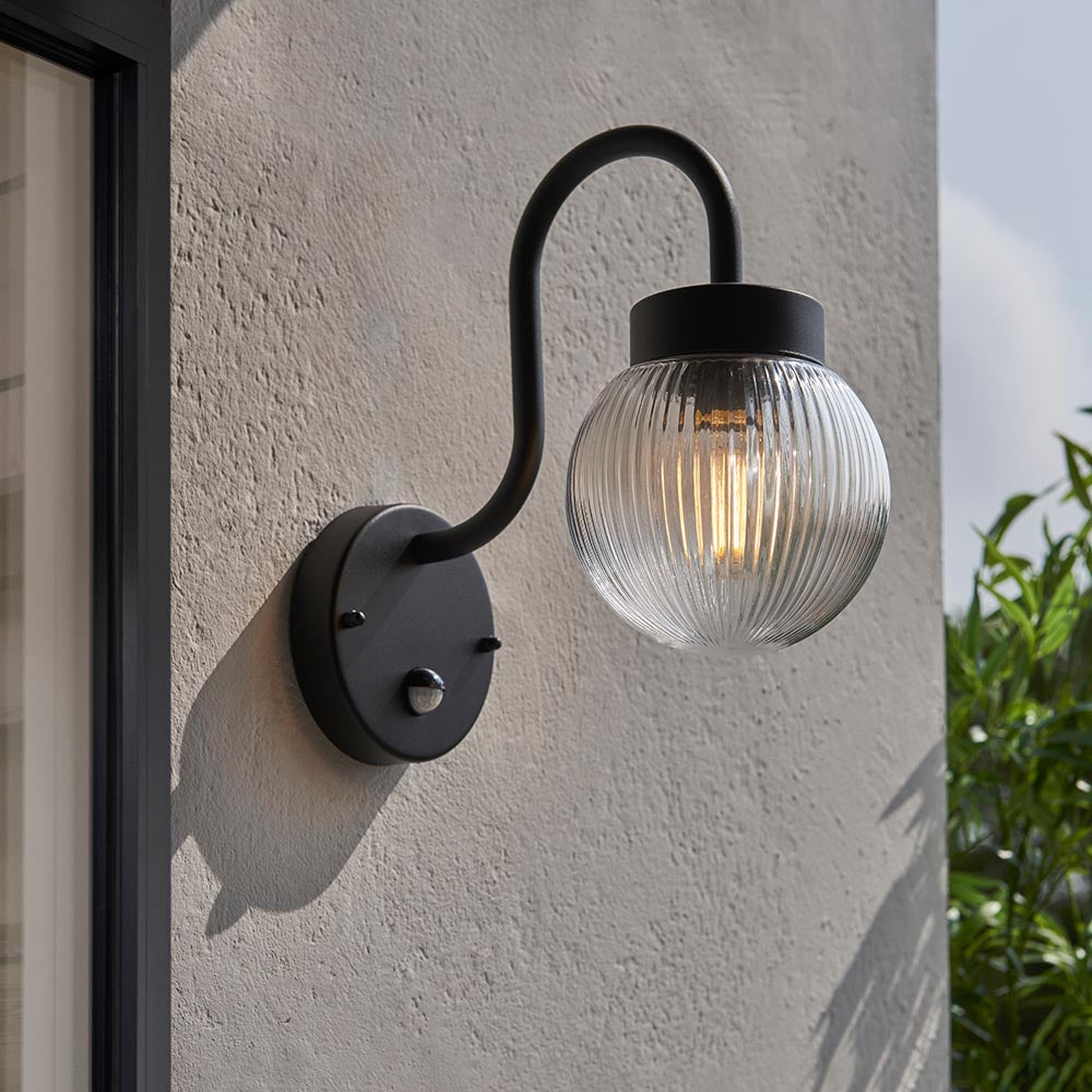 ELDON | Outdoor Globe Ribbed Vintage Lantern Porch Wall Light | E27 | IP44 | Matt Black