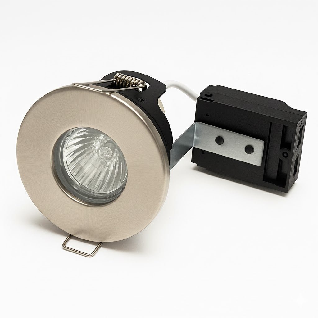 Brushed Nickel Shower Fire Rated GU10 Open Back Downlight | Pressed Steel | IP65 | 30 - 90 Min Rated - LightHub Direct