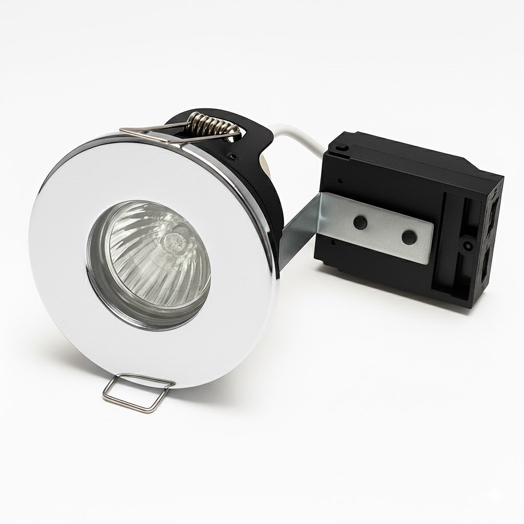 Polished Chrome Shower Fire Rated GU10 Open Back Downlight | Pressed Steel | IP65 | 30 - 90 Min Rated - LightHub Direct
