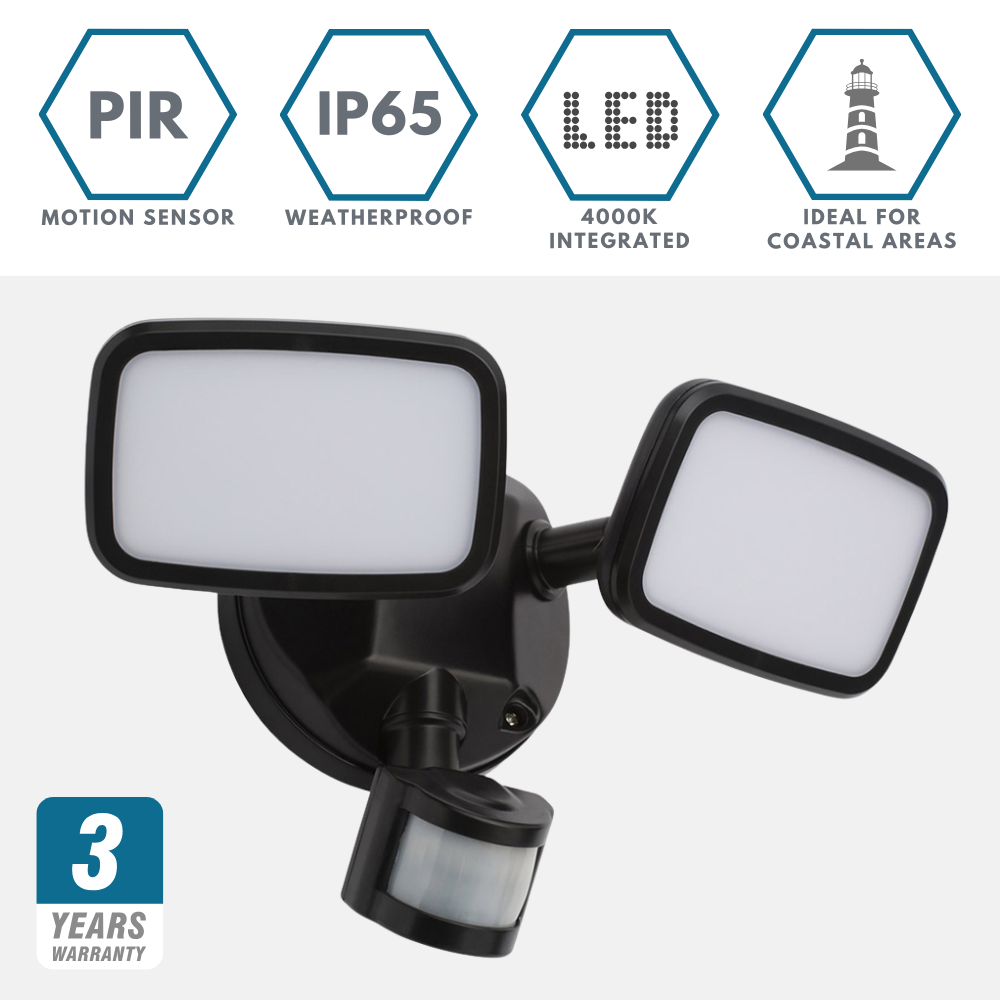 LYNN | LED Outdoor Twin Wall Spot Flood Light | 20W 1500lm | IP65 | Black | PIR Motion Sensor