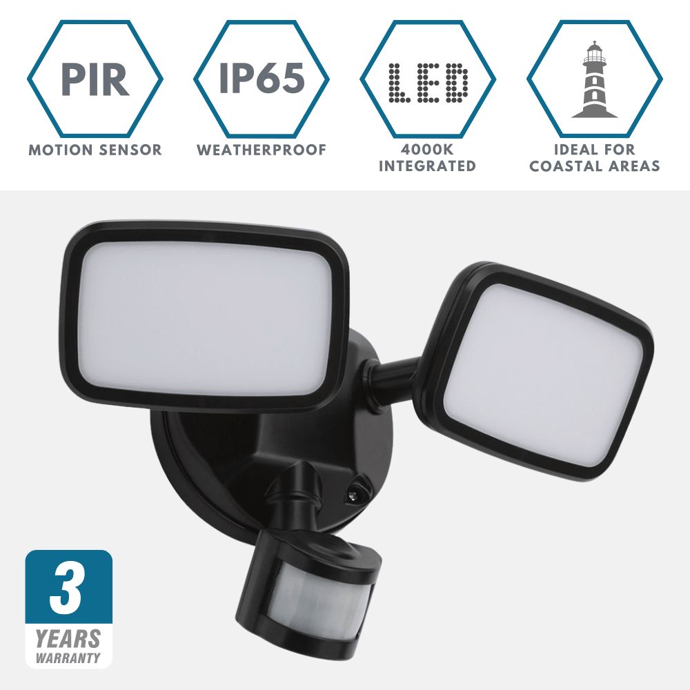 LYNN | LED Outdoor Twin Wall Spot Flood Light | 20W 1500lm | IP65 | Black | PIR Motion Sensor - LightHub Direct