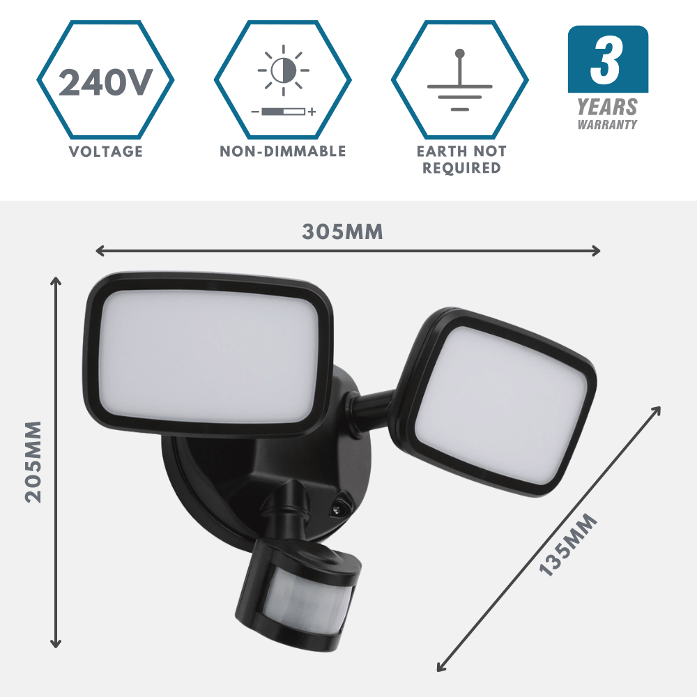 LYNN | LED Outdoor Twin Wall Spot Flood Light | 20W 1500lm | IP65 | Black | PIR Motion Sensor - LightHub Direct