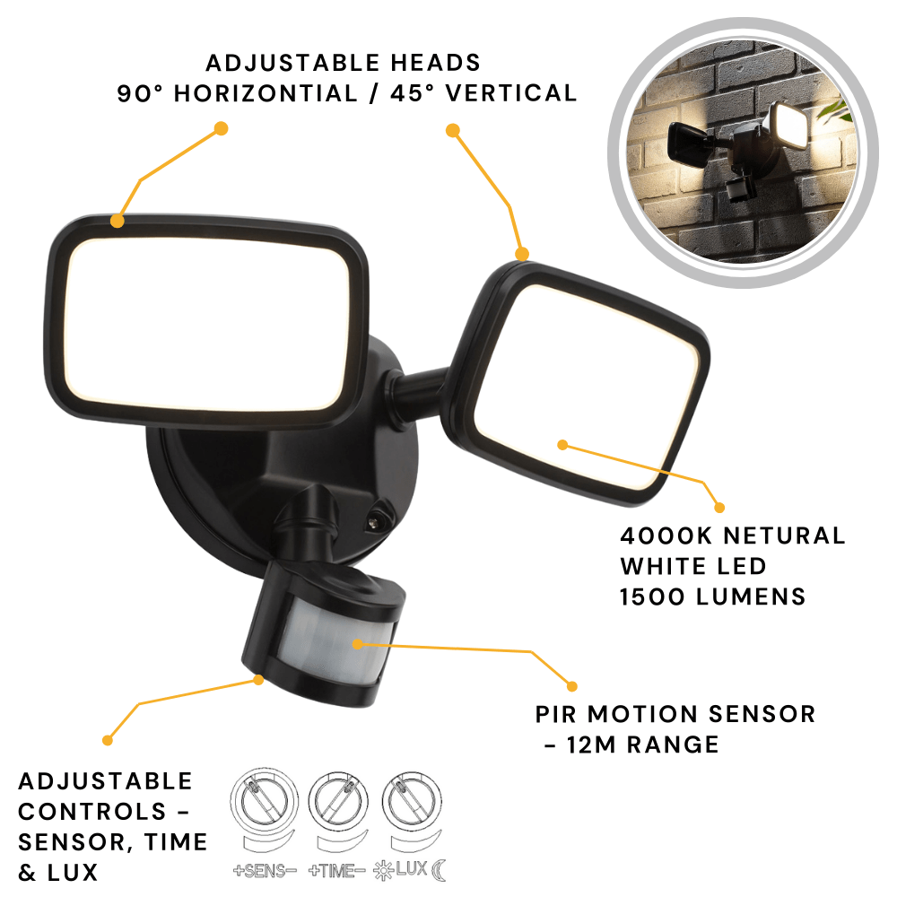 LYNN | LED Outdoor Twin Wall Spot Flood Light | 20W 1500lm | IP65 | Black | PIR Motion Sensor - LightHub Direct
