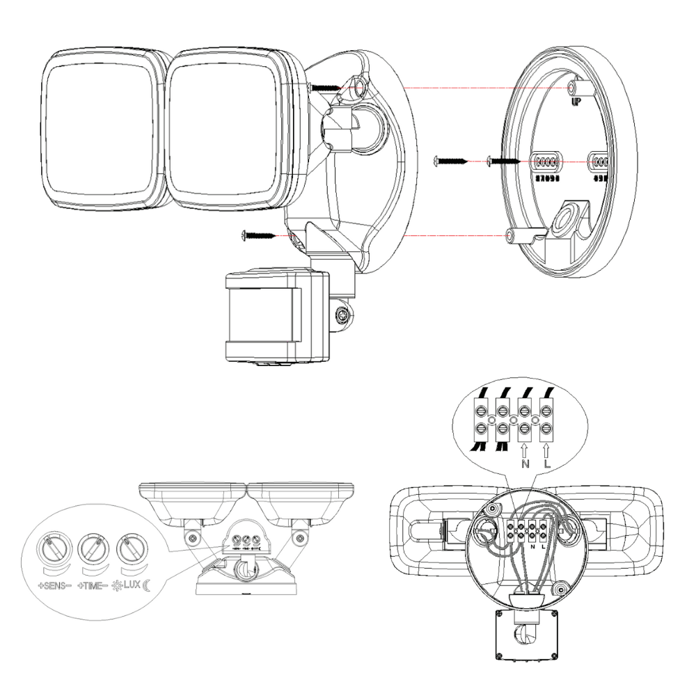 LYNN | LED Outdoor Twin Wall Spot Flood Light | 20W 1500lm | IP65 | Black | PIR Motion Sensor