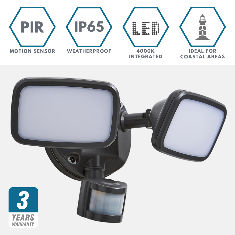 LYNN | LED Outdoor Twin Wall Spot Flood Light | 20W 1250lm | IP65 | Grey | PIR Motion Sensor