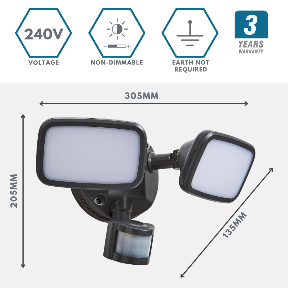 LYNN | LED Outdoor Twin Wall Spot Flood Light | 20W 1250lm | IP65 | Grey | PIR Motion Sensor