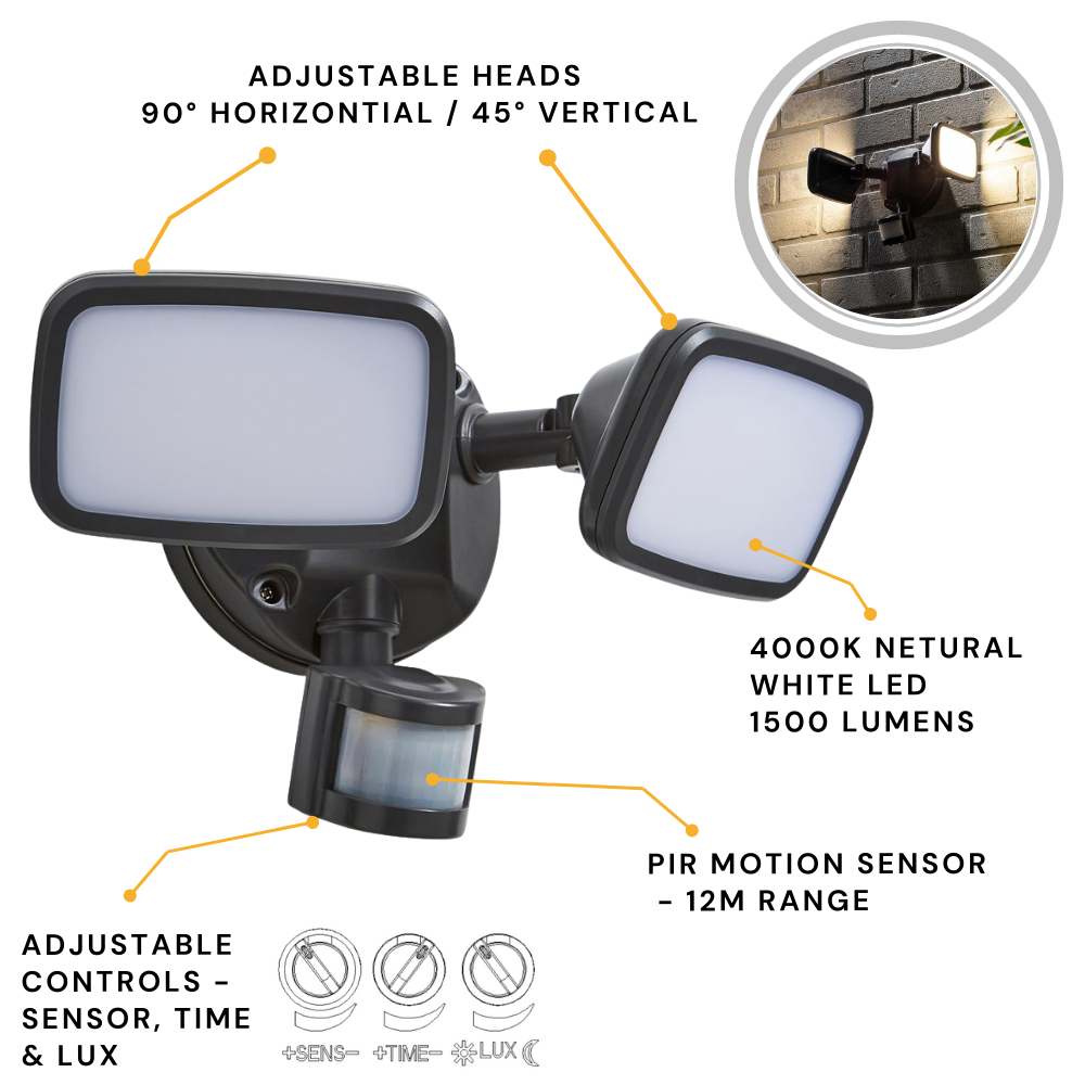 LYNN | LED Outdoor Twin Wall Spot Flood Light | 20W 1250lm | IP65 | Grey | PIR Motion Sensor