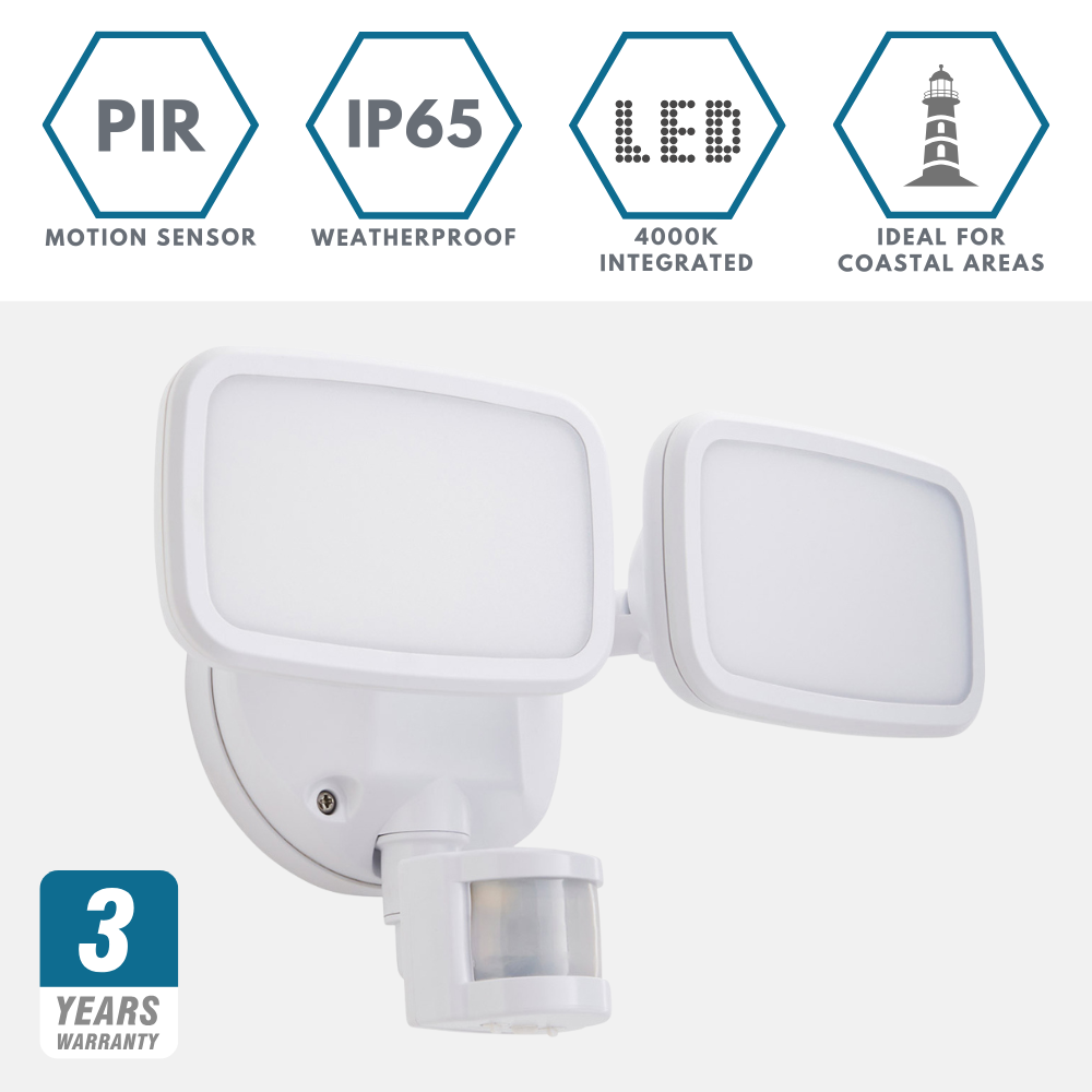 LYNN | LED Outdoor Twin Wall Spot Flood Light | 20W 1250lm | IP65 | White | PIR Motion Sensor