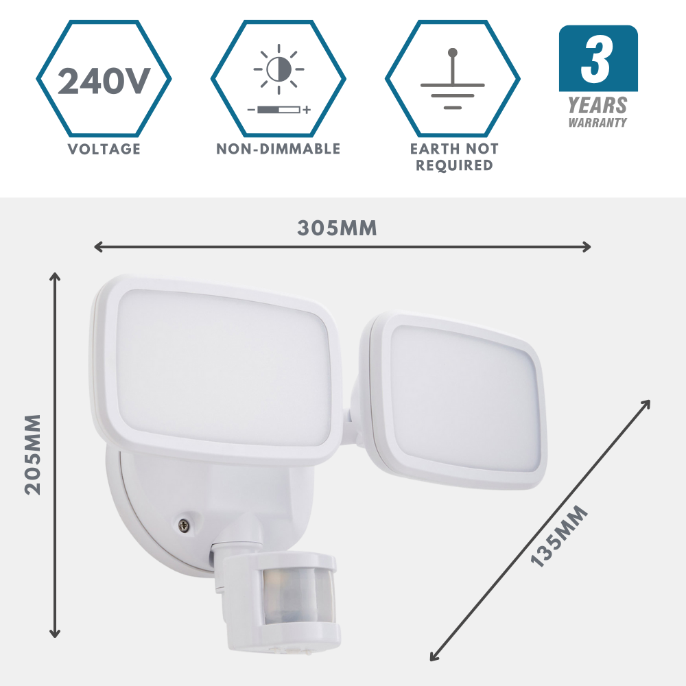 LYNN | LED Outdoor Twin Wall Spot Flood Light | 20W 1250lm | IP65 | White | PIR Motion Sensor