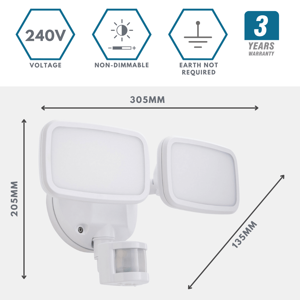 LYNN | LED Outdoor Twin Wall Spot Flood Light | 20W 1250lm | IP65 | White | PIR Motion Sensor - LightHub Direct